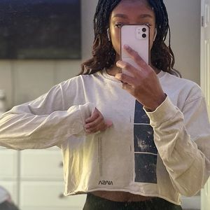 NASA Graphic Long Sleeve Beige Brown Semi Crop Tee